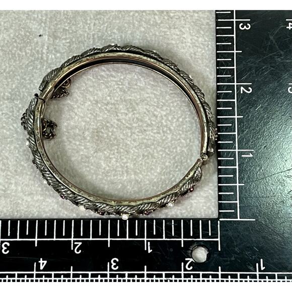 VTG Victorian Revival Hinged Bangle Amethyst Seed Pearls Safety Chain - Picture 12 of 16